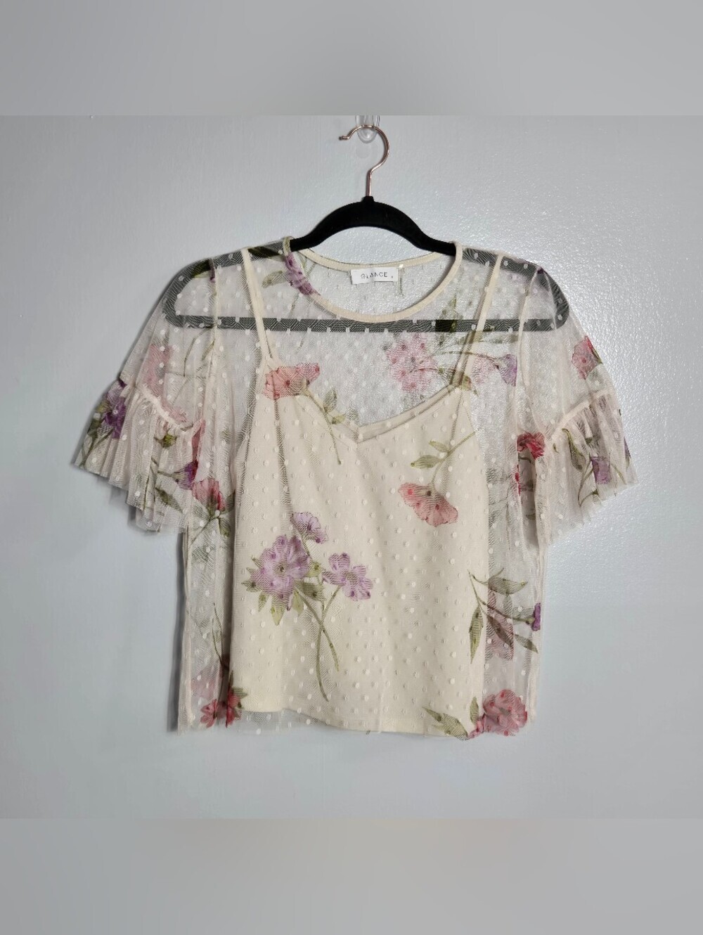Glance Floral Dot Sheer Mesh Flutter Sleeve Layered Cami Top Size Small